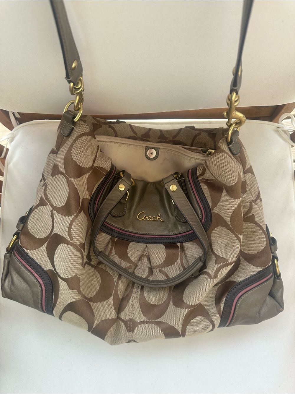 Coach Brown Signature Canvas Shoulder Bag with Pink Trim